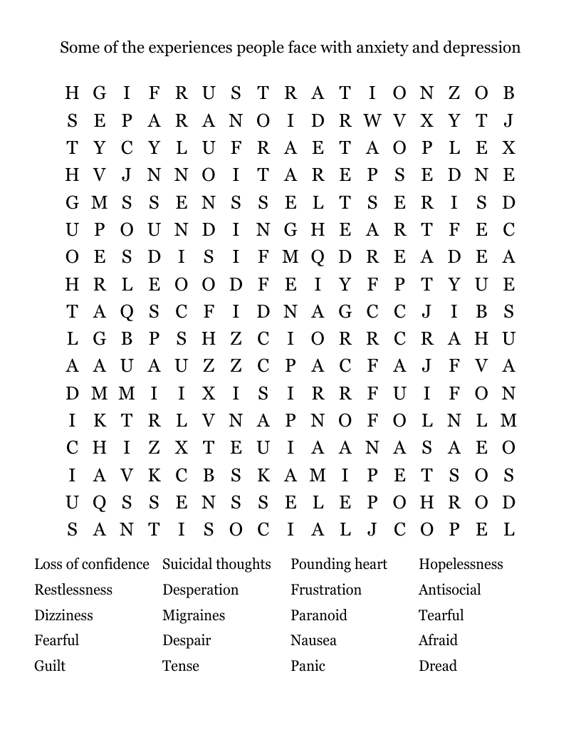 Some of the experiences people face with anxiety and depression Word Search
