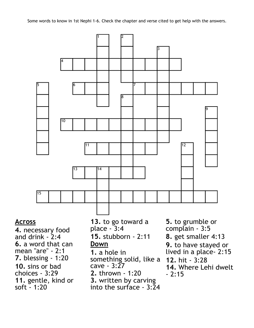 Some words to know in 1st Nephi 1-6.   Check the chapter and verse cited to get help with the answers. Crossword