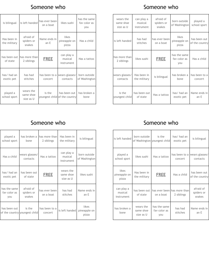 Someone who Bingo Cards