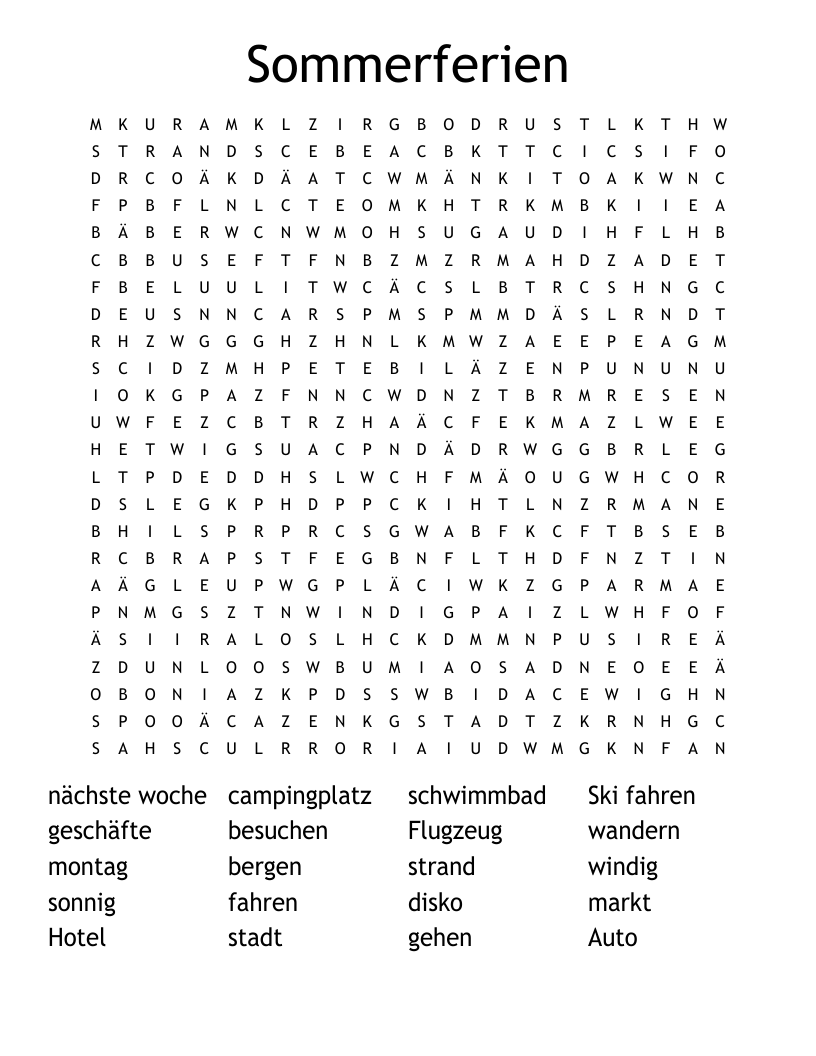 Sommerferien Word Search