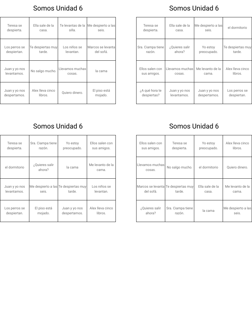 Somos Unidad 6 Bingo Cards