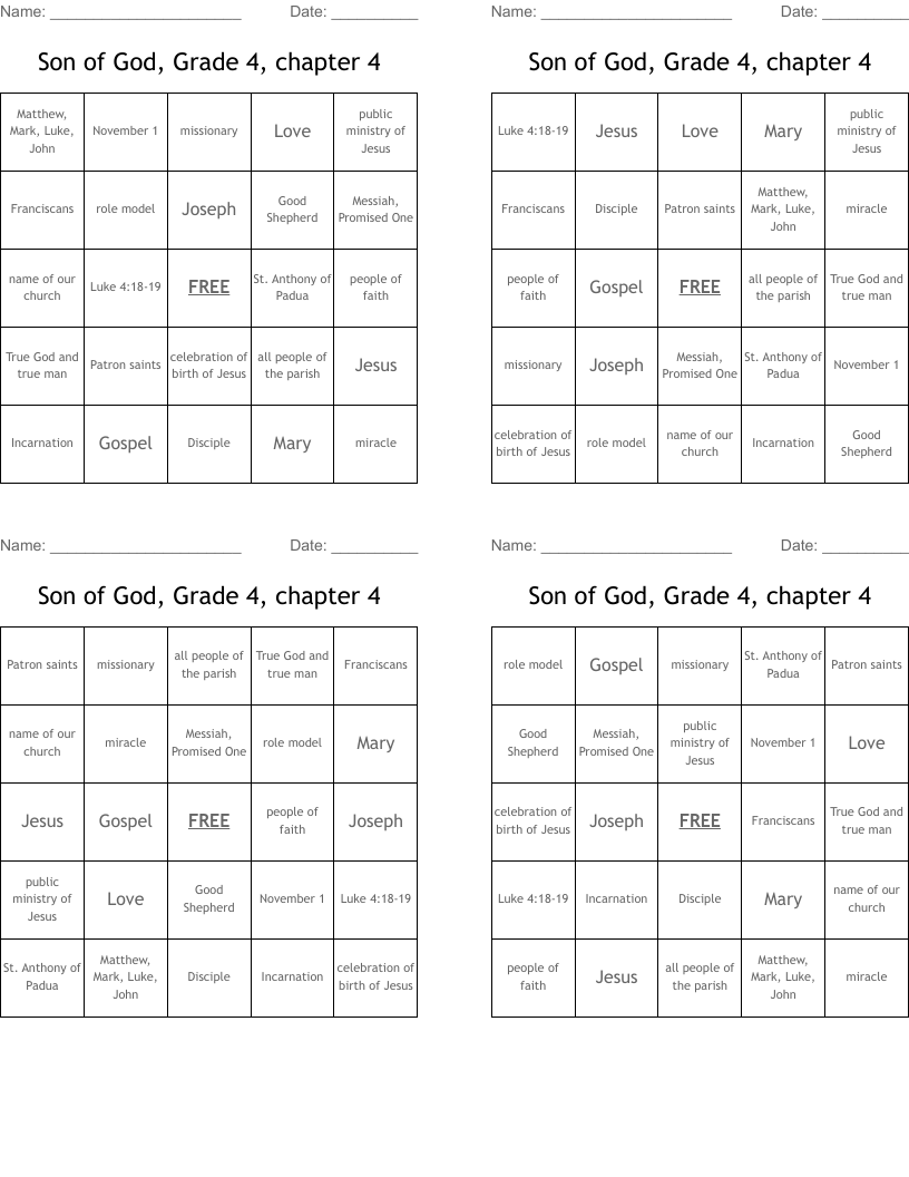 Son of God, Grade 4, chapter 4 Bingo Cards