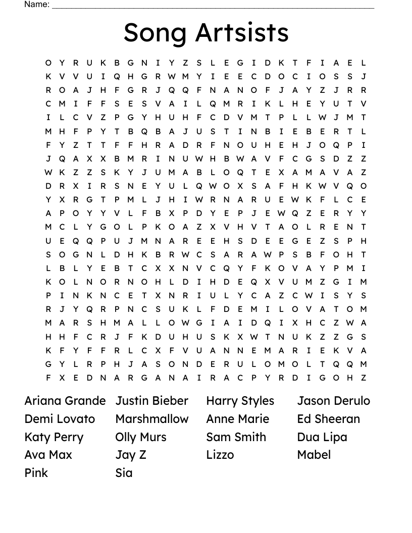 Song Artsists Word Search