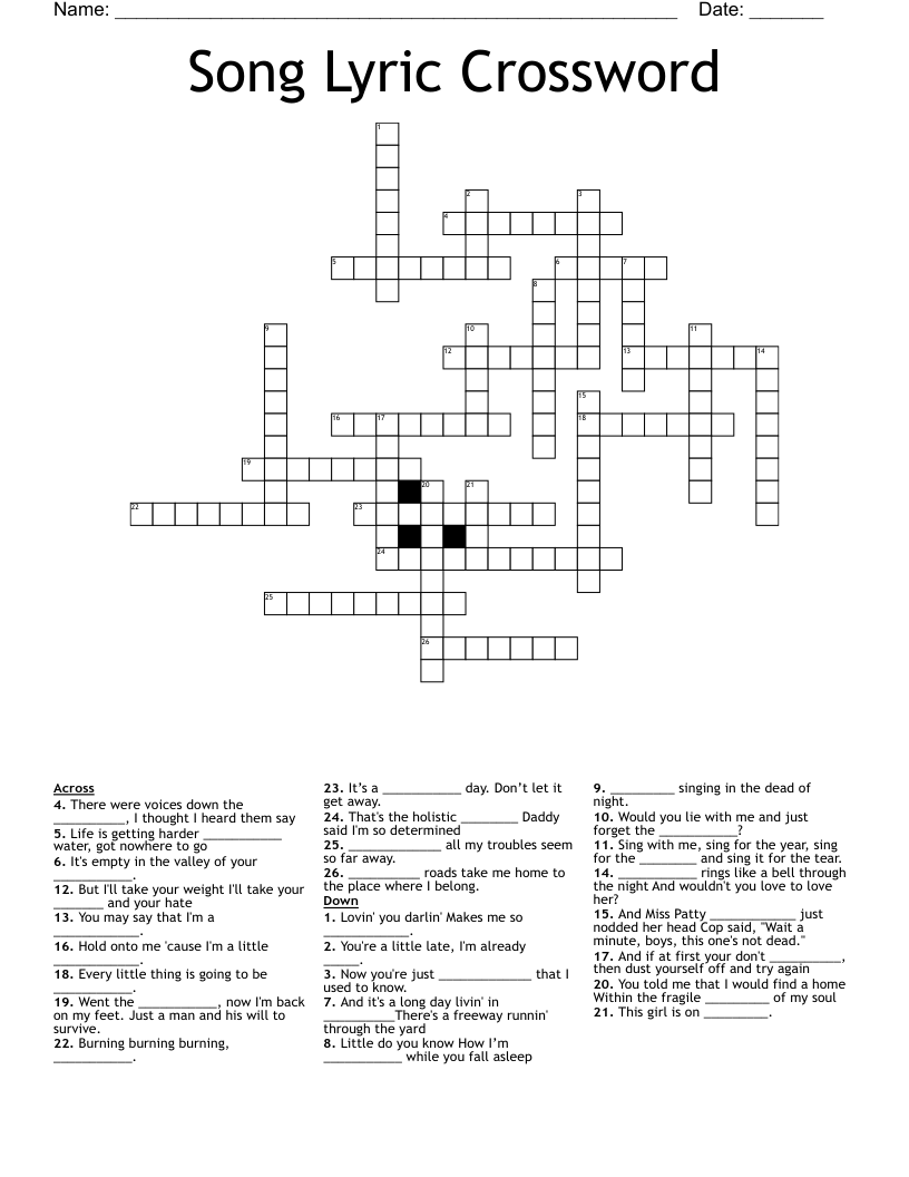 Song Lyric Crossword