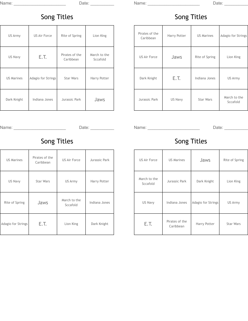 Song Titles Bingo Cards