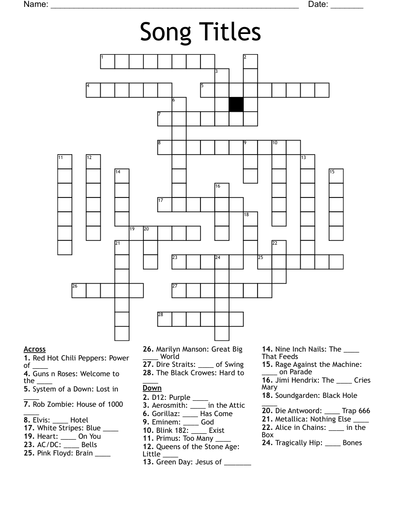 Song Titles Crossword