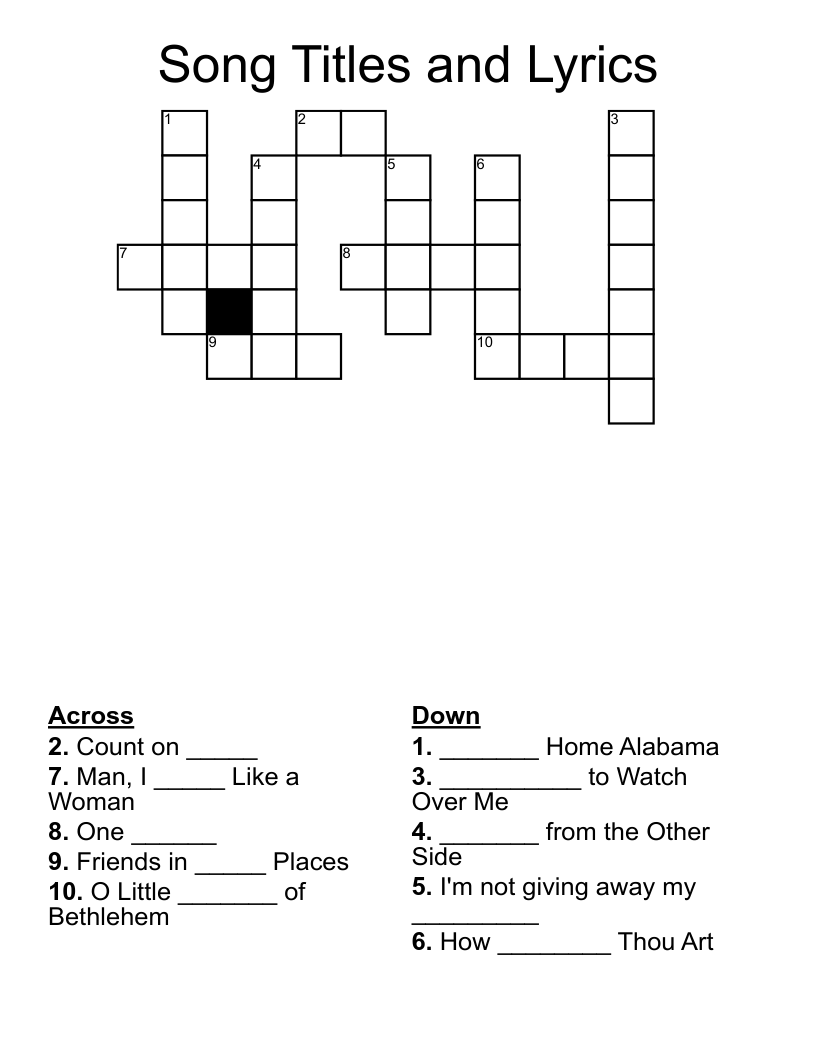 Song Titles and Lyrics Crossword