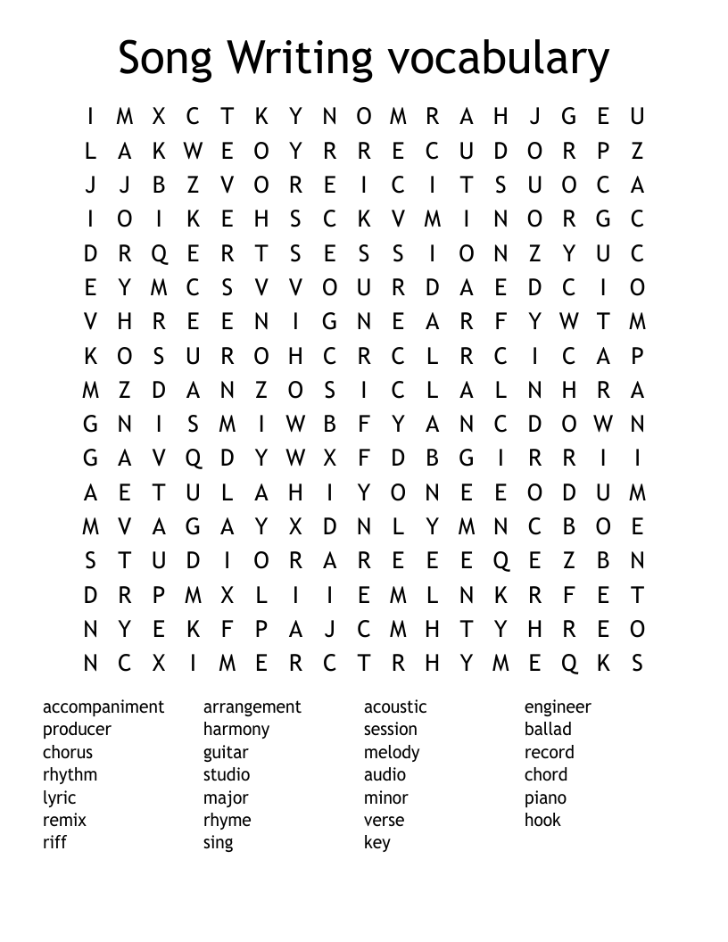 Song Writing vocabulary Word Search