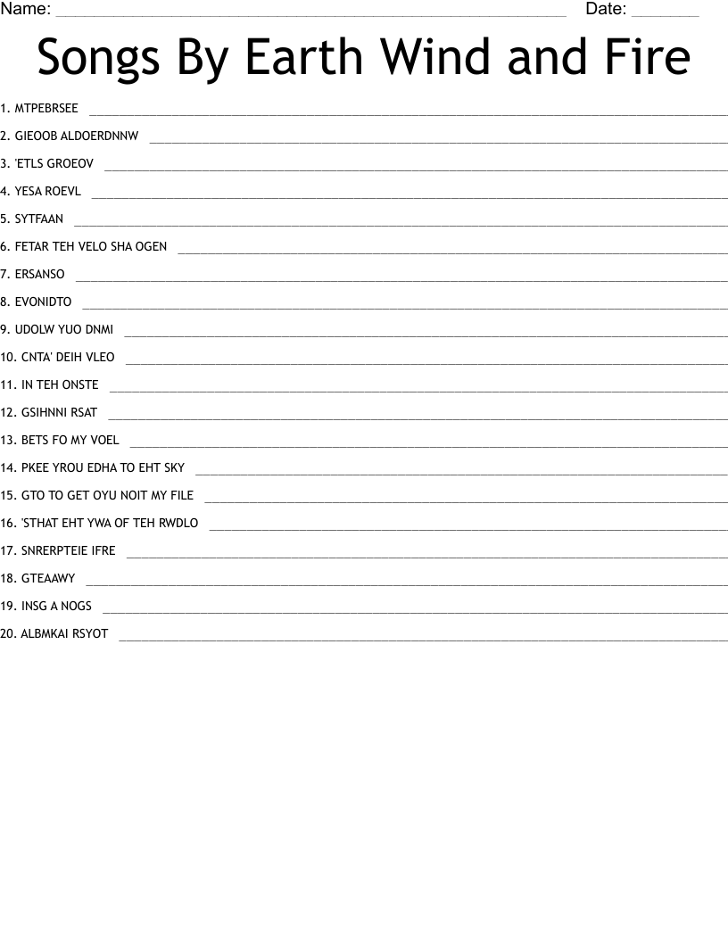 Songs By Earth Wind and Fire Word Scramble