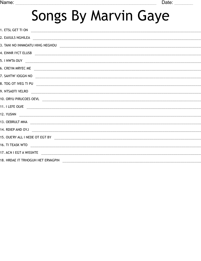 Songs By Marvin Gaye Word Scramble