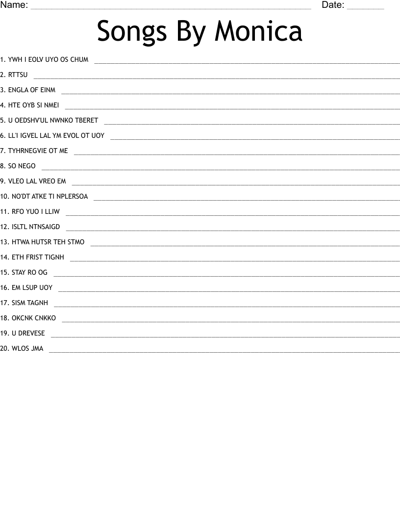 Songs By Monica Word Scramble
