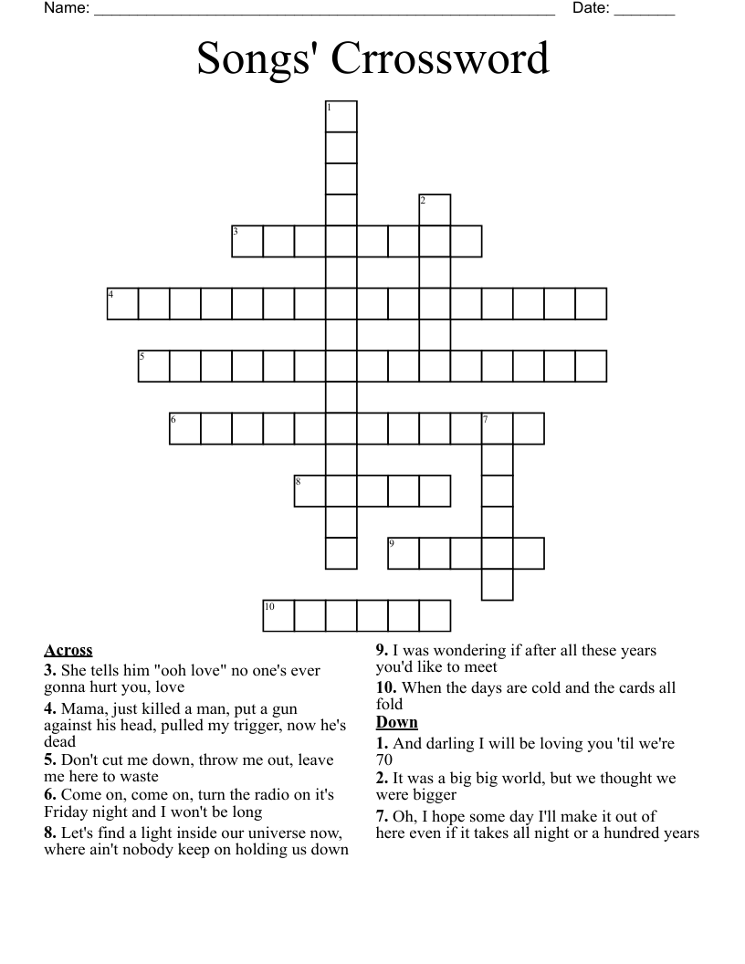 Songs' Crrossword Crossword