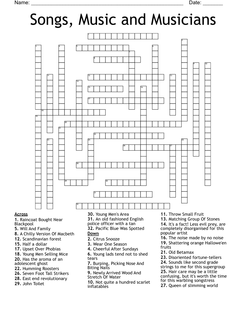 Songs, Music and Musicians Crossword