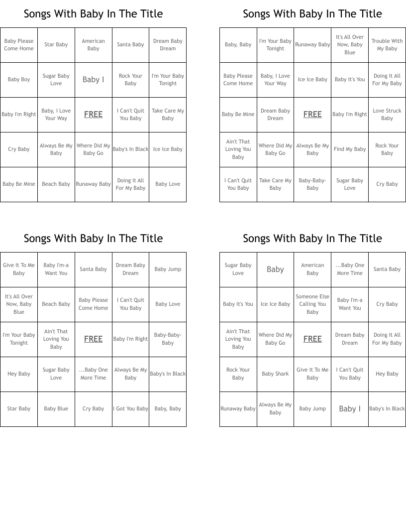 Songs With Baby In The Title Bingo Cards