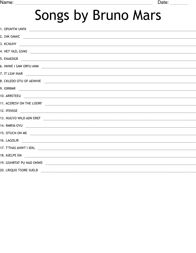 Songs by Bruno Mars Word Scramble