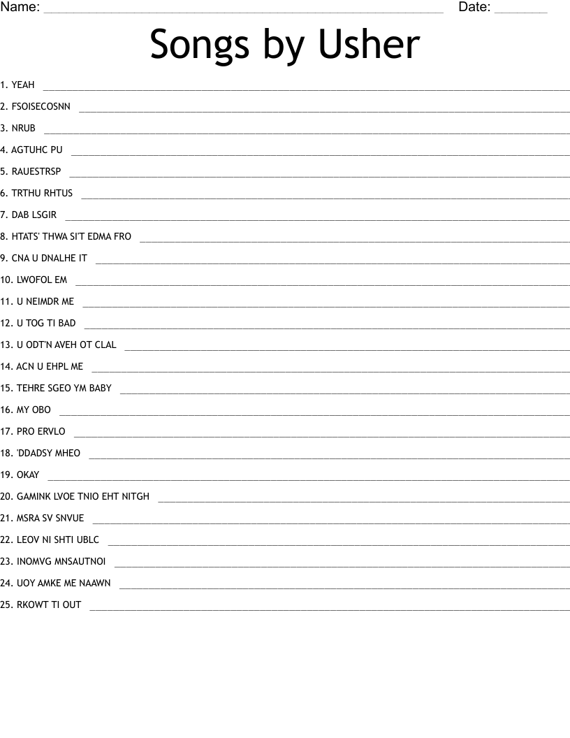 Songs by Usher Word Scramble