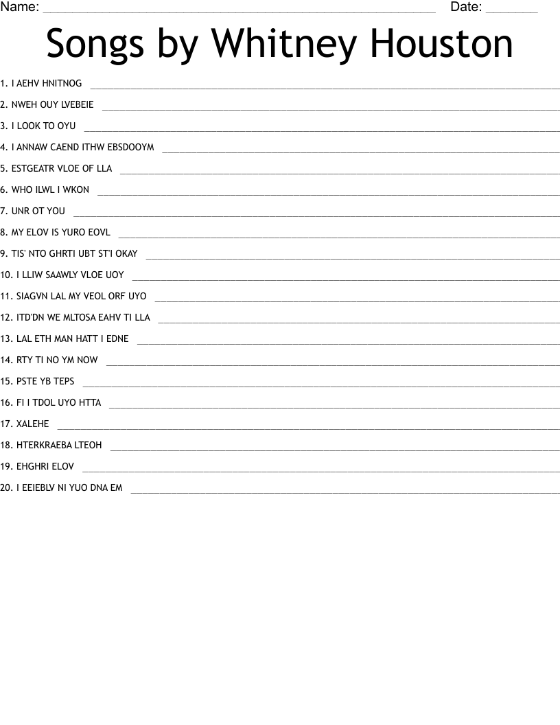 Songs by Whitney Houston Word Scramble
