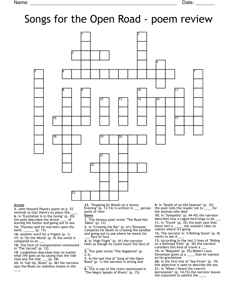 Songs for the Open Road - poem review Crossword