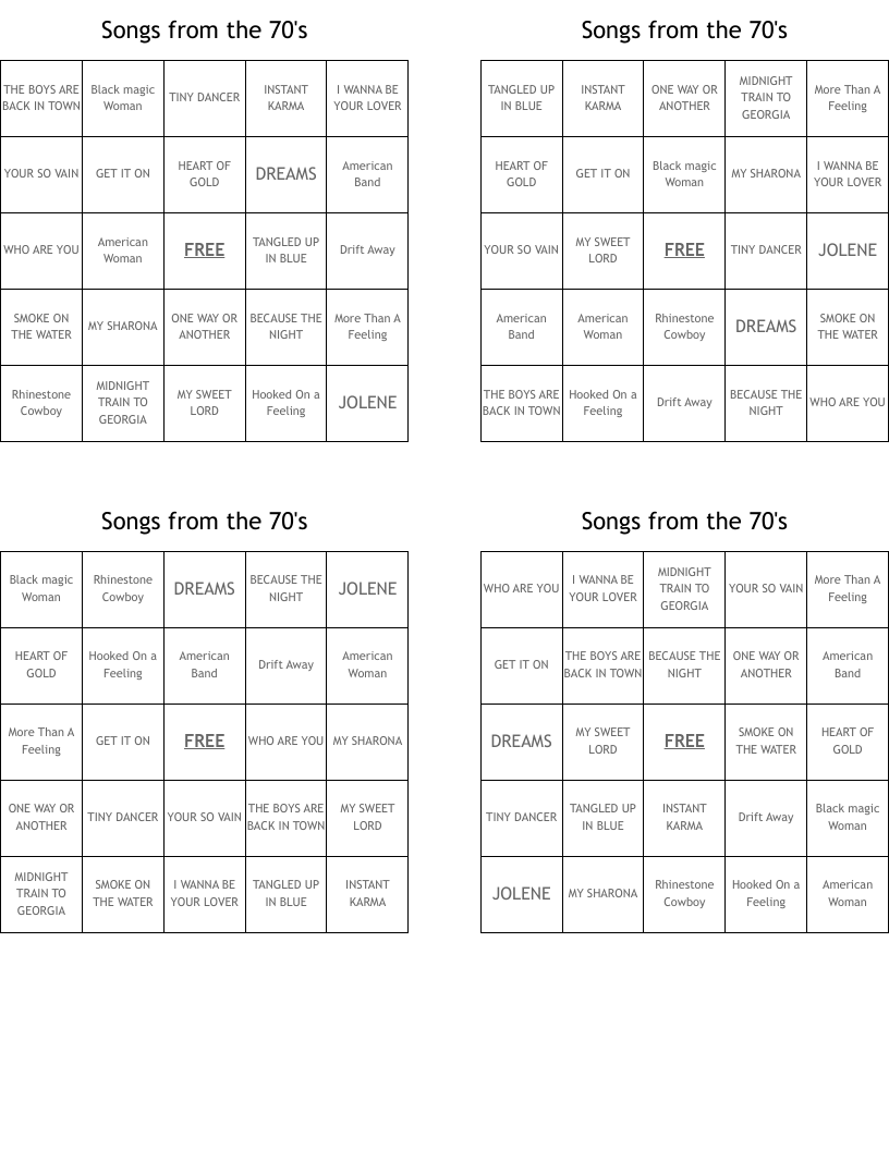 Songs from the 70's Bingo Cards