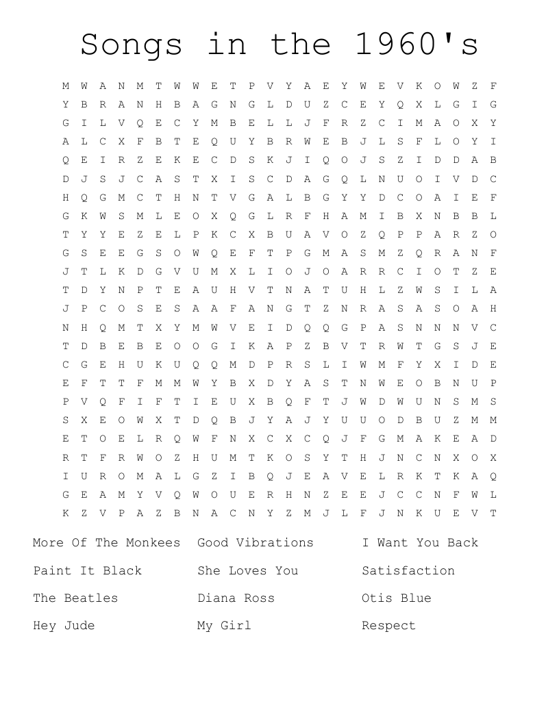 Songs in the 1960's Word Search