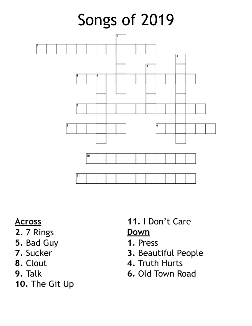 Songs of 2019 Crossword