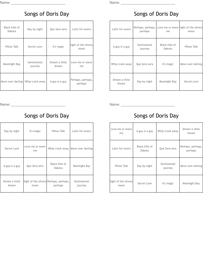 Songs of Doris Day Bingo Cards