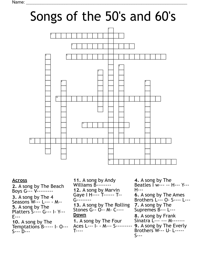 Songs of the 50's and 60's Crossword