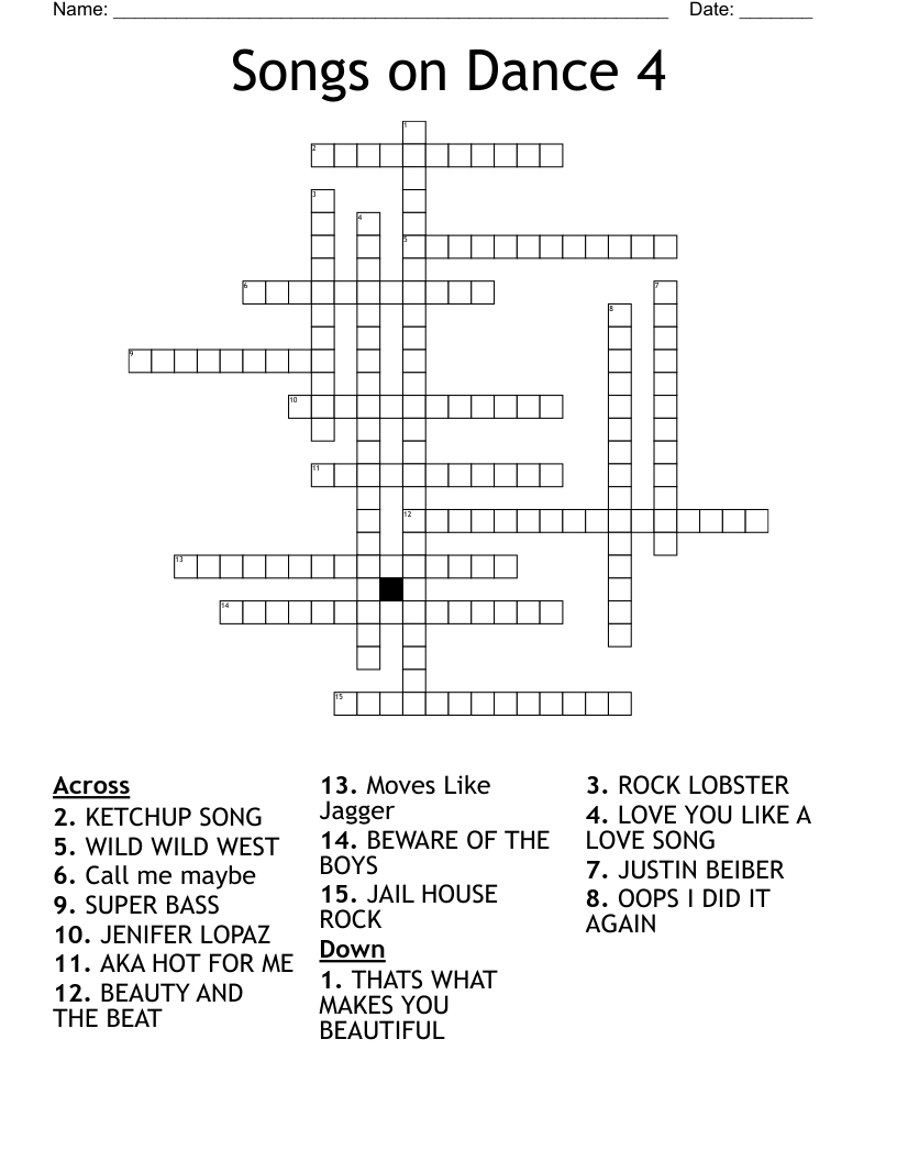 Songs on Dance 4 Crossword