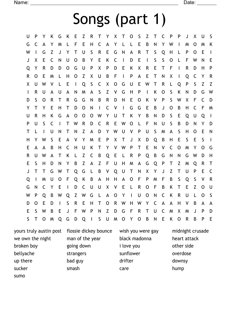 Songs (part 1) Word Search