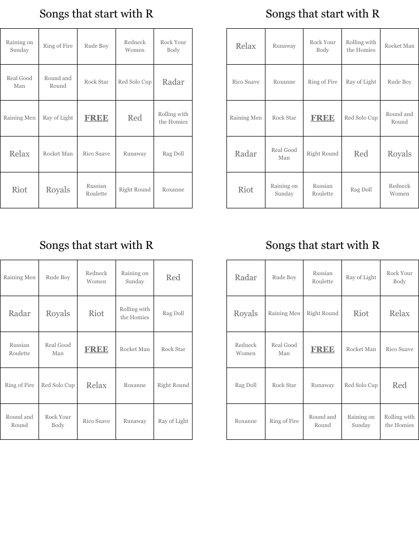 Songs that start with R Bingo Cards