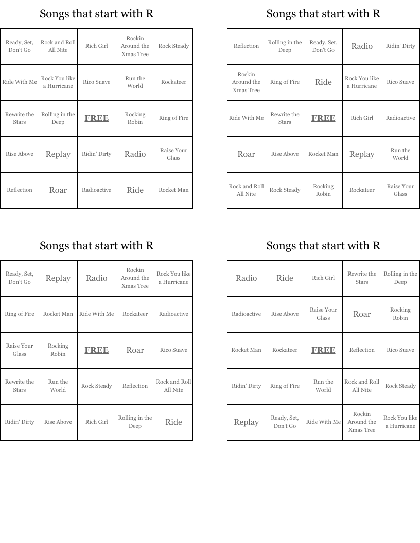 Songs that start with R Bingo Cards