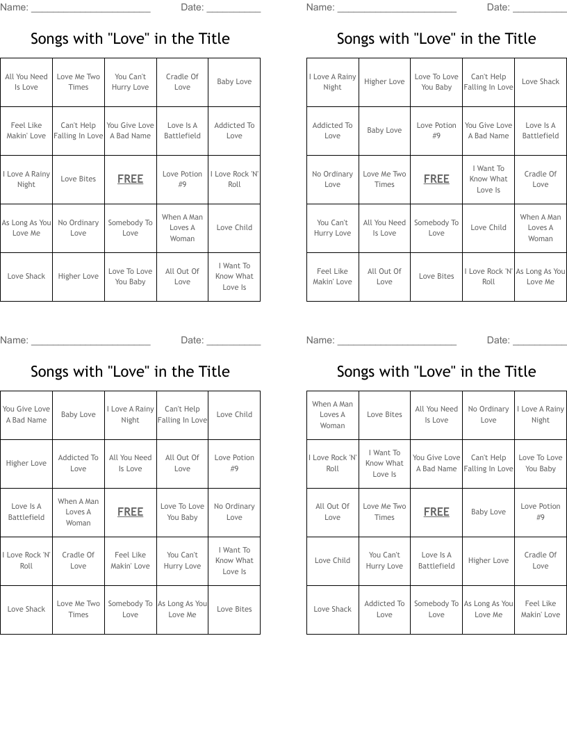Songs with "Love" in the Title Bingo Cards