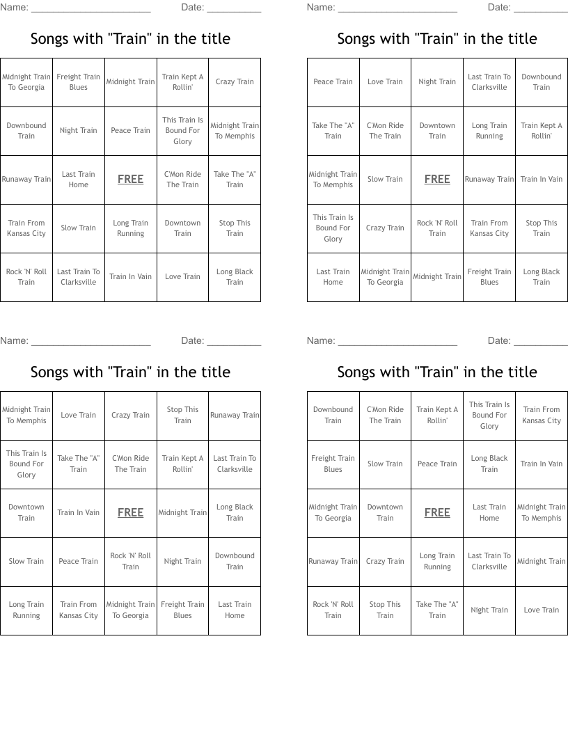 Songs with "Train" in the title Bingo Cards