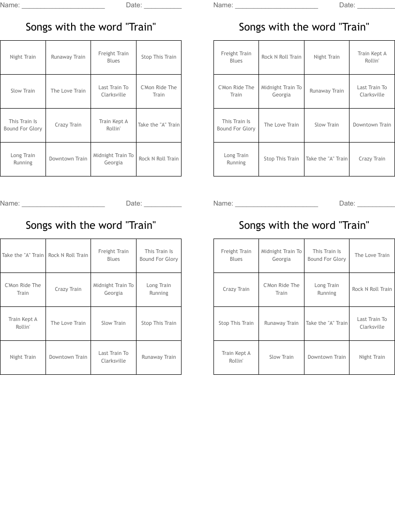 Songs with the word "Train" Bingo Cards