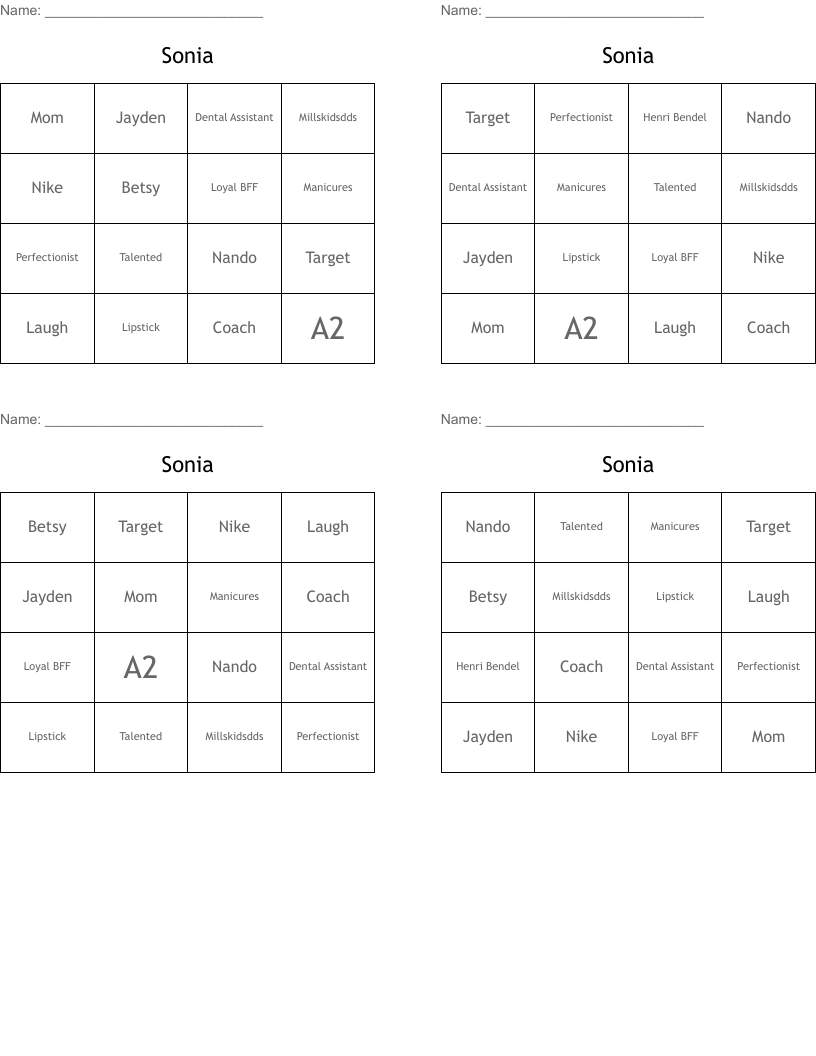 Sonia Bingo Cards