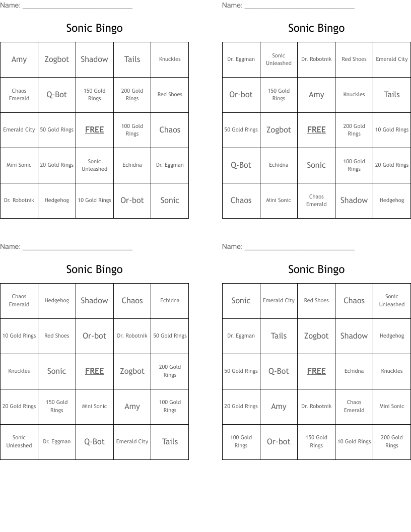 Sonic Bingo 