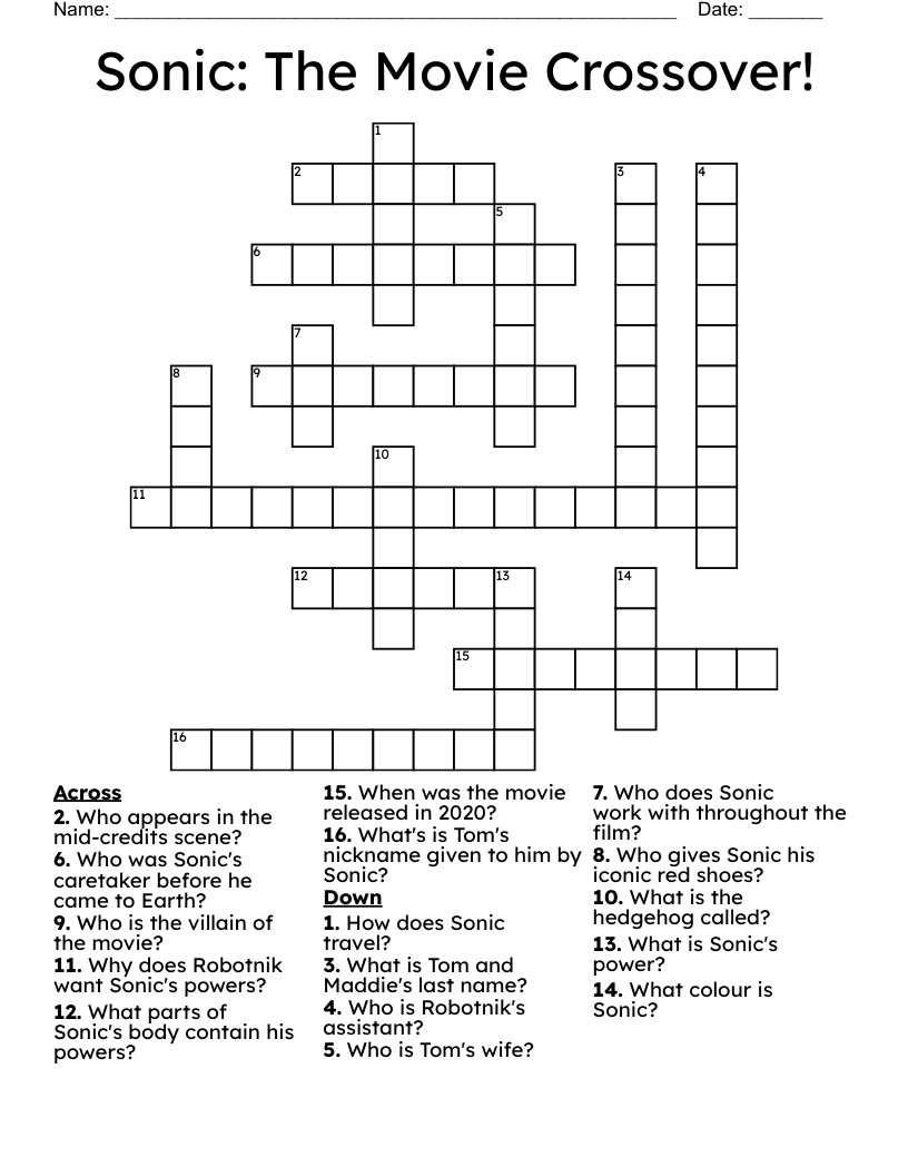 Sonic: The Movie Crossover! Crossword