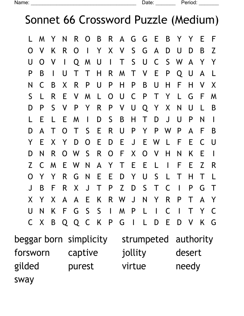 Sonnet 66 Crossword Puzzle (Medium) Word Search