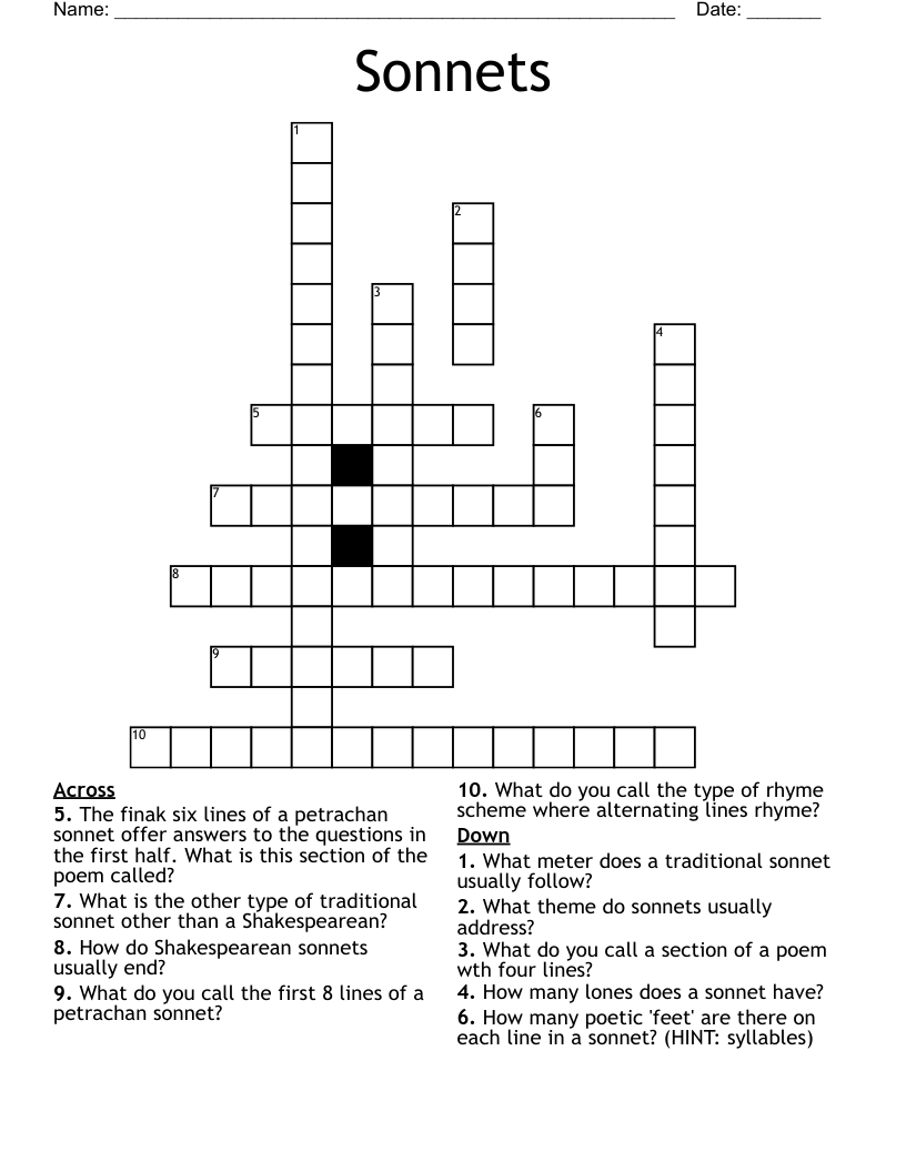 Sonnets Crossword