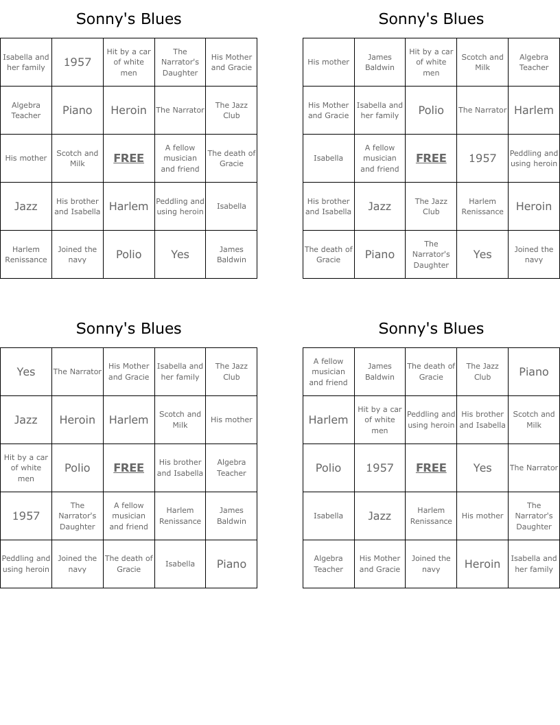 Sonny's Blues Bingo Cards
