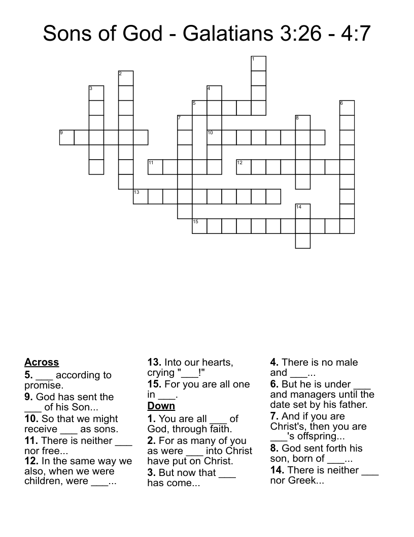 Sons of God - Galatians 3:26 - 4:7 Crossword