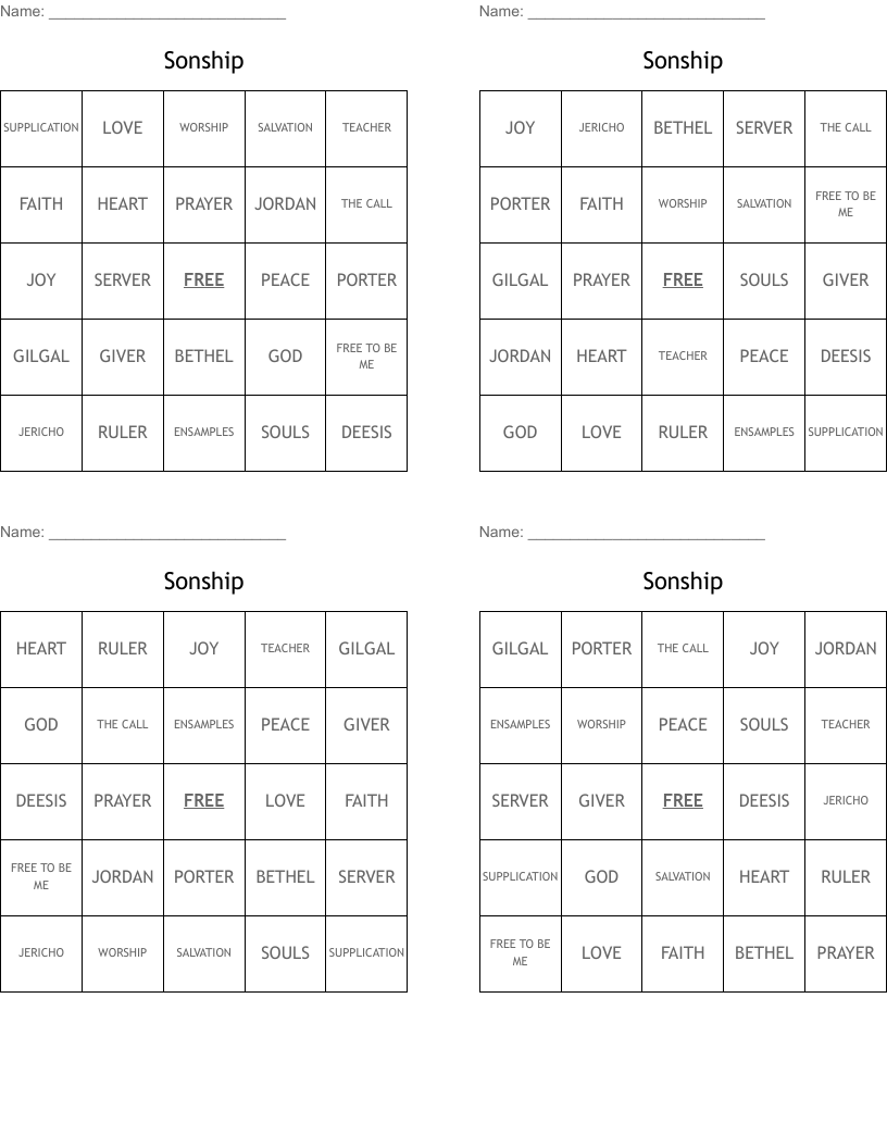 Sonship Bingo Cards