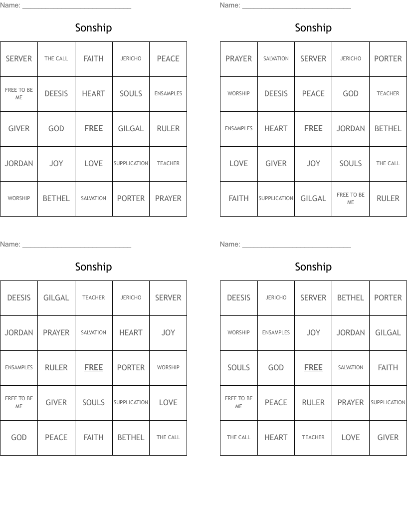 Sonship Bingo Cards
