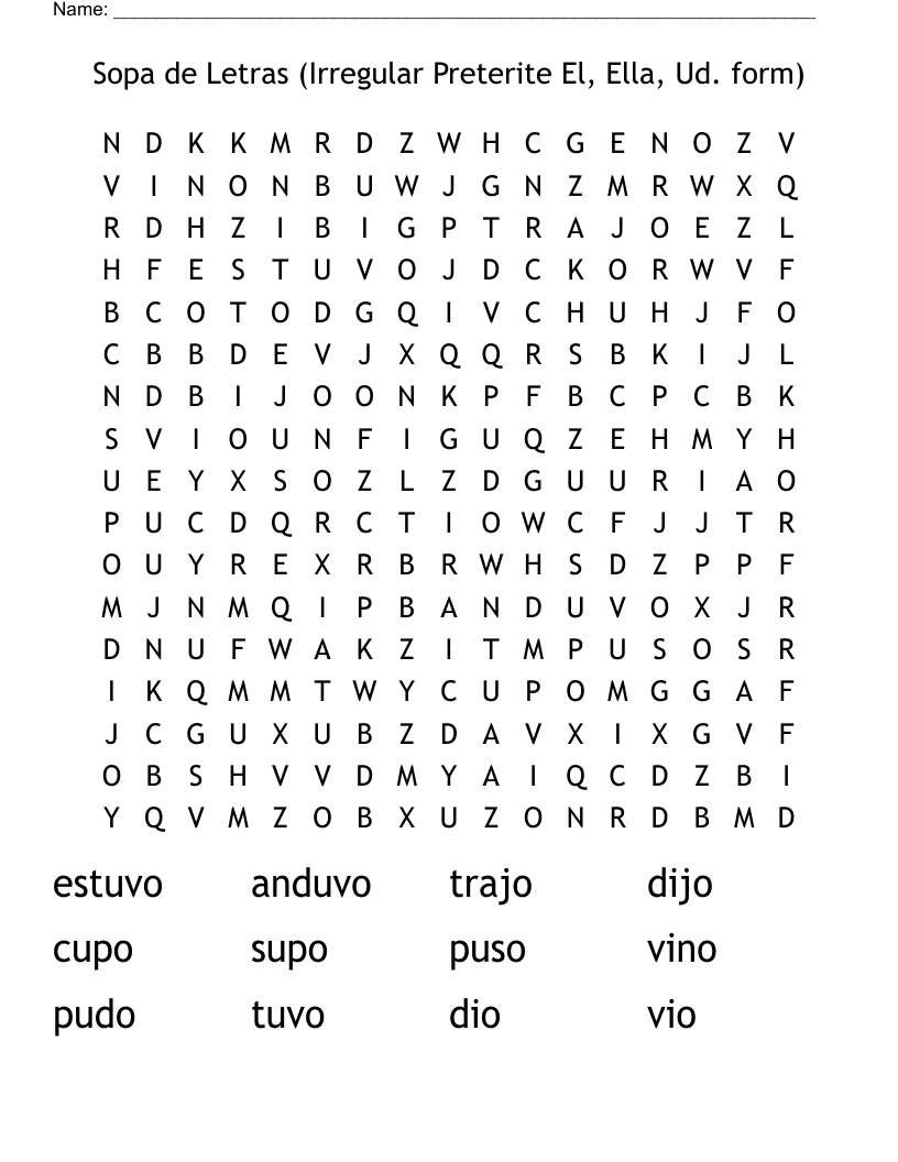 Sopa de Letras (Irregular Preterite El, Ella, Ud. form) Word Search