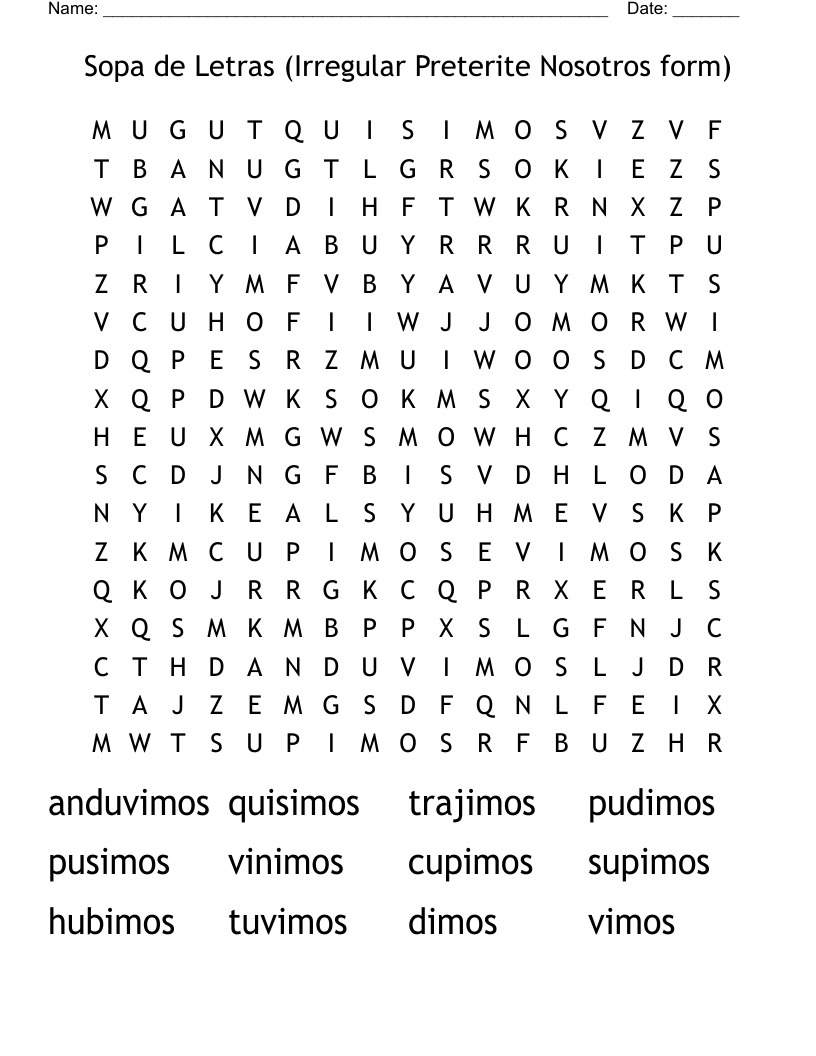 Sopa de Letras (Irregular Preterite Nosotros form) Word Search