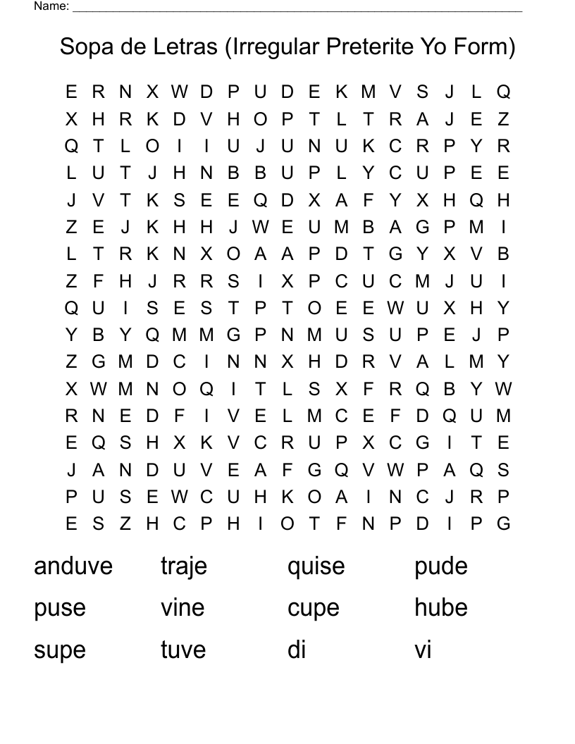 Sopa de Letras (Irregular Preterite Yo Form) Word Search
