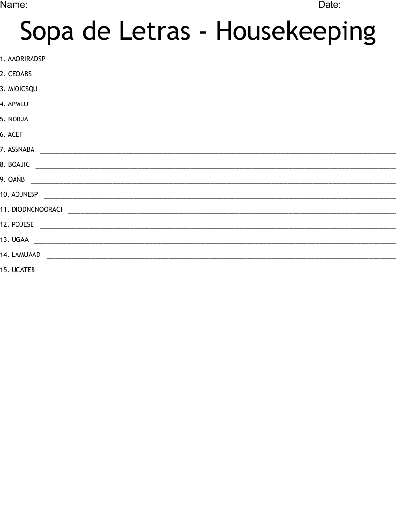 Sopa de Letras - Housekeeping Word Scramble