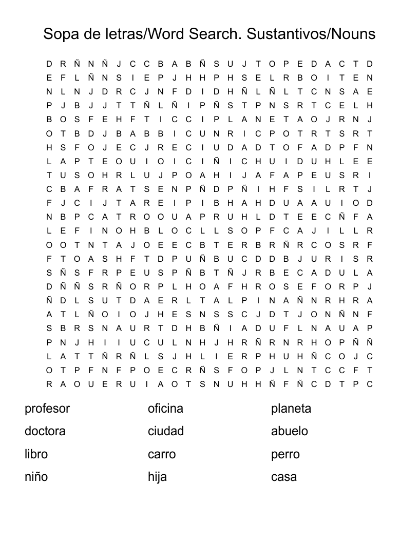 Sopa de letras/Word Search. Sustantivos/Nouns