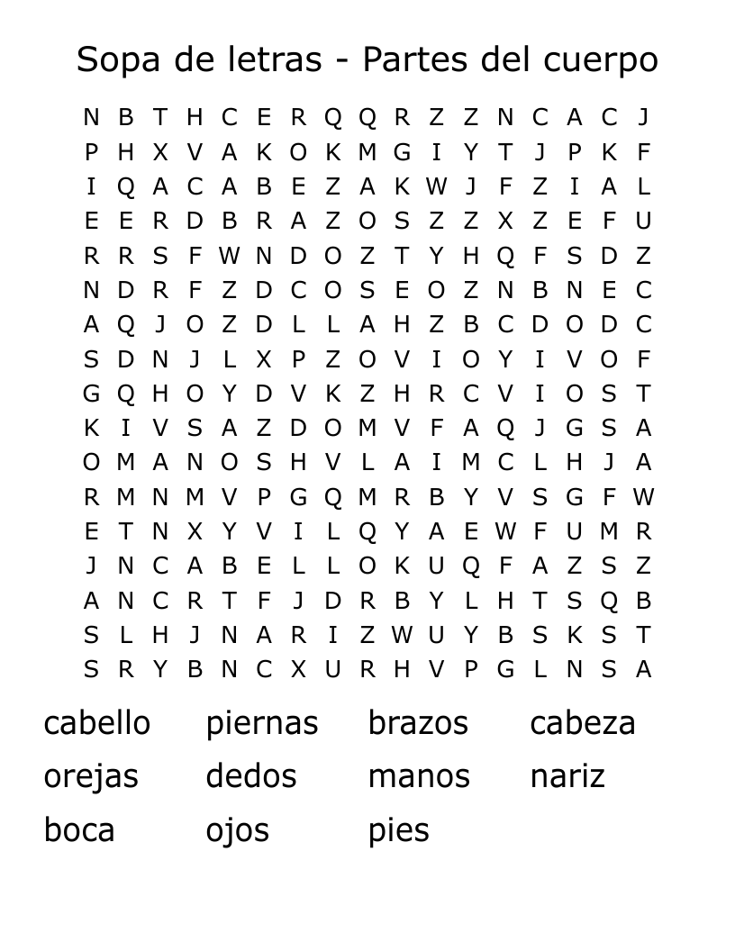 Sopa de letras - Partes del cuerpo Word Search
