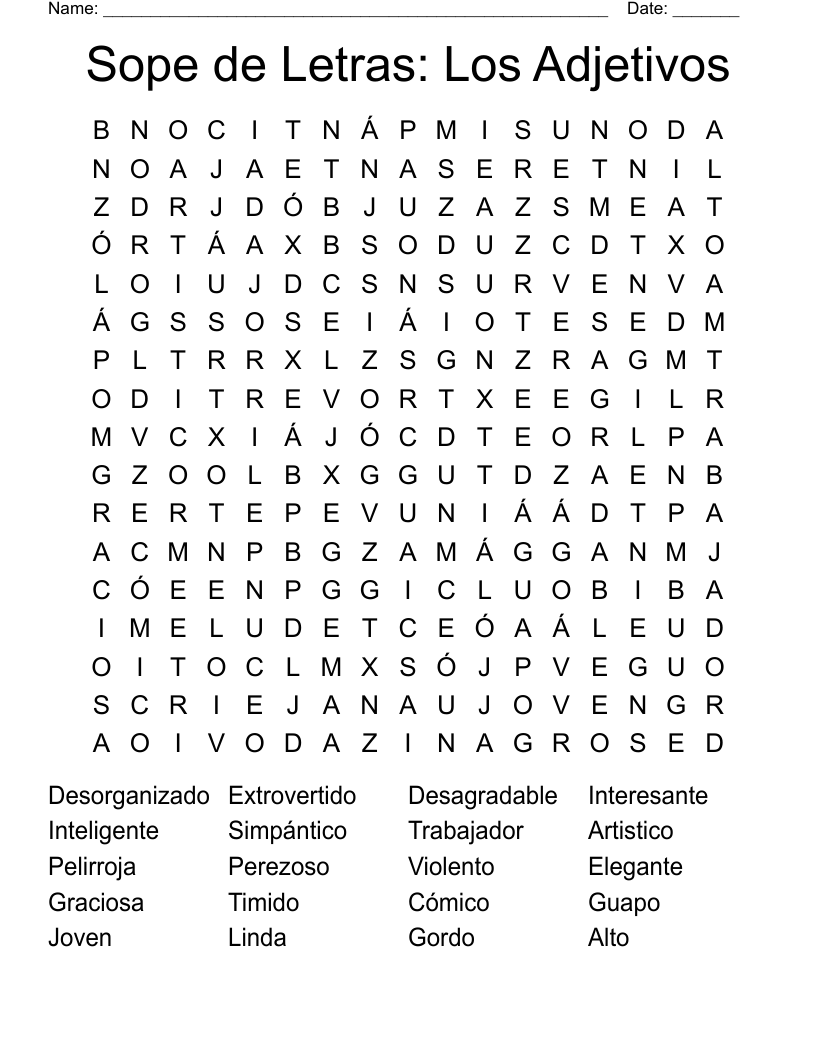 Sope de Letras: Los Adjetivos Word Search